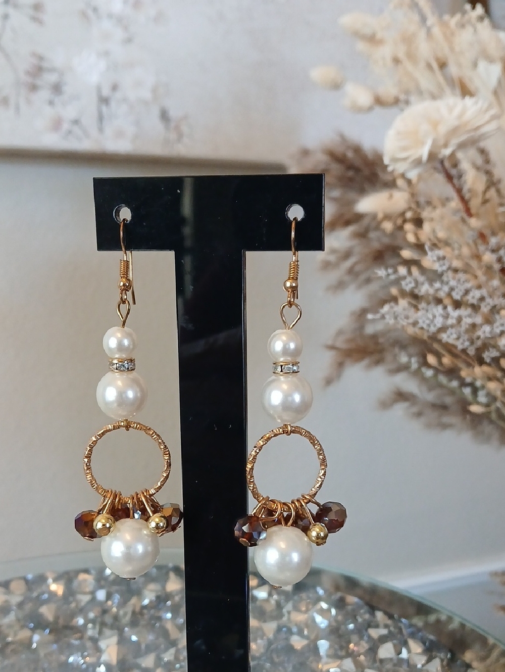 New Saks Fifth Avenue Gold-Tone Pearl and Amber Crystal Hoop Drop Earrings